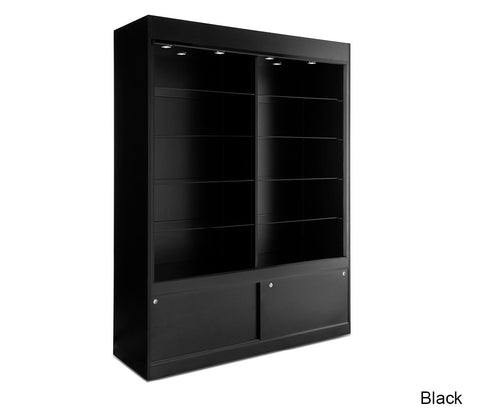 Imposing Floor Display with Storage Cabinets that are Locking